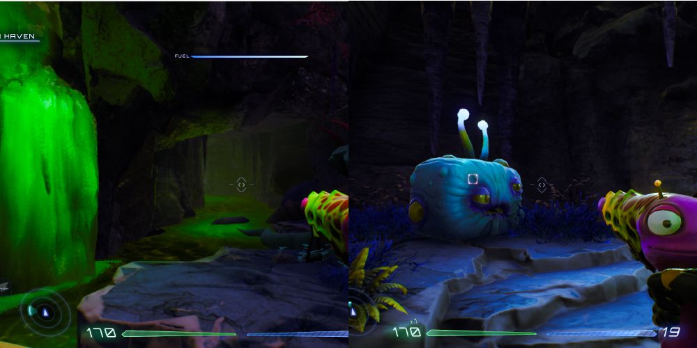 A small waterfall next to a cave entrance. A Luglox sitting inside a cave.