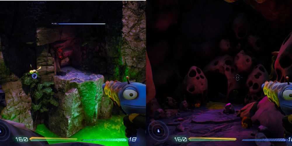 There's a cliff on the other side of the canyon. A fly bug is hovering to your left. Inside there's hollowed out rocks with holes in them.