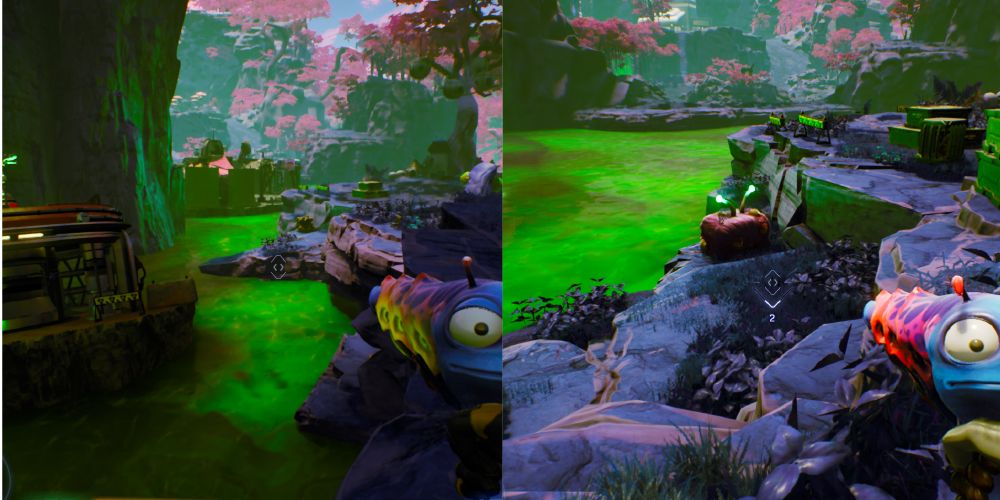 A small warp base to the left, the Moplets' village to the right. A Luglox sits on the rocks near the water.