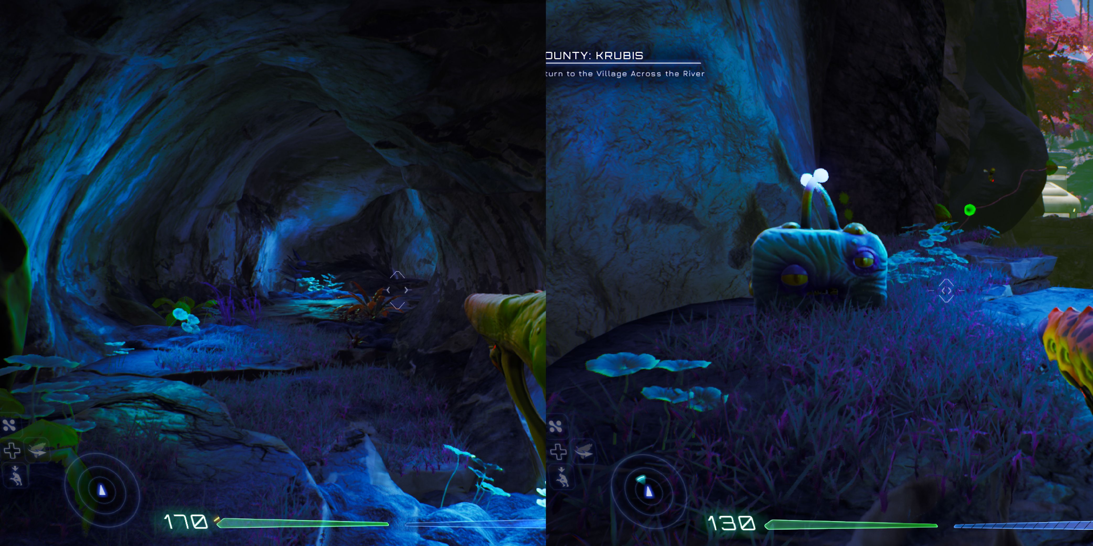 A small cave dimly lit by blue glowing plants. A Luglox at the cave's exit overlooking the valley.