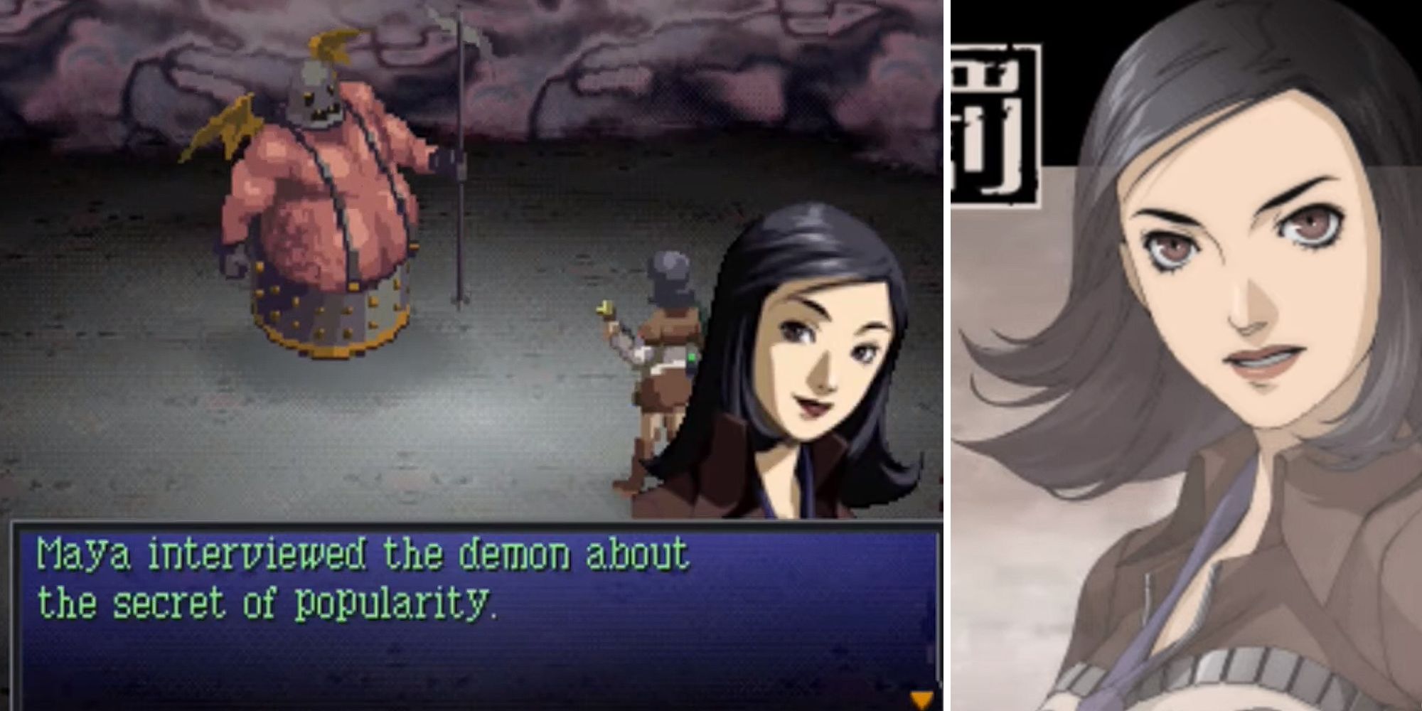 L: Maya interviews an enemy demon about popularity; R: Title screen art of Maya facing forward