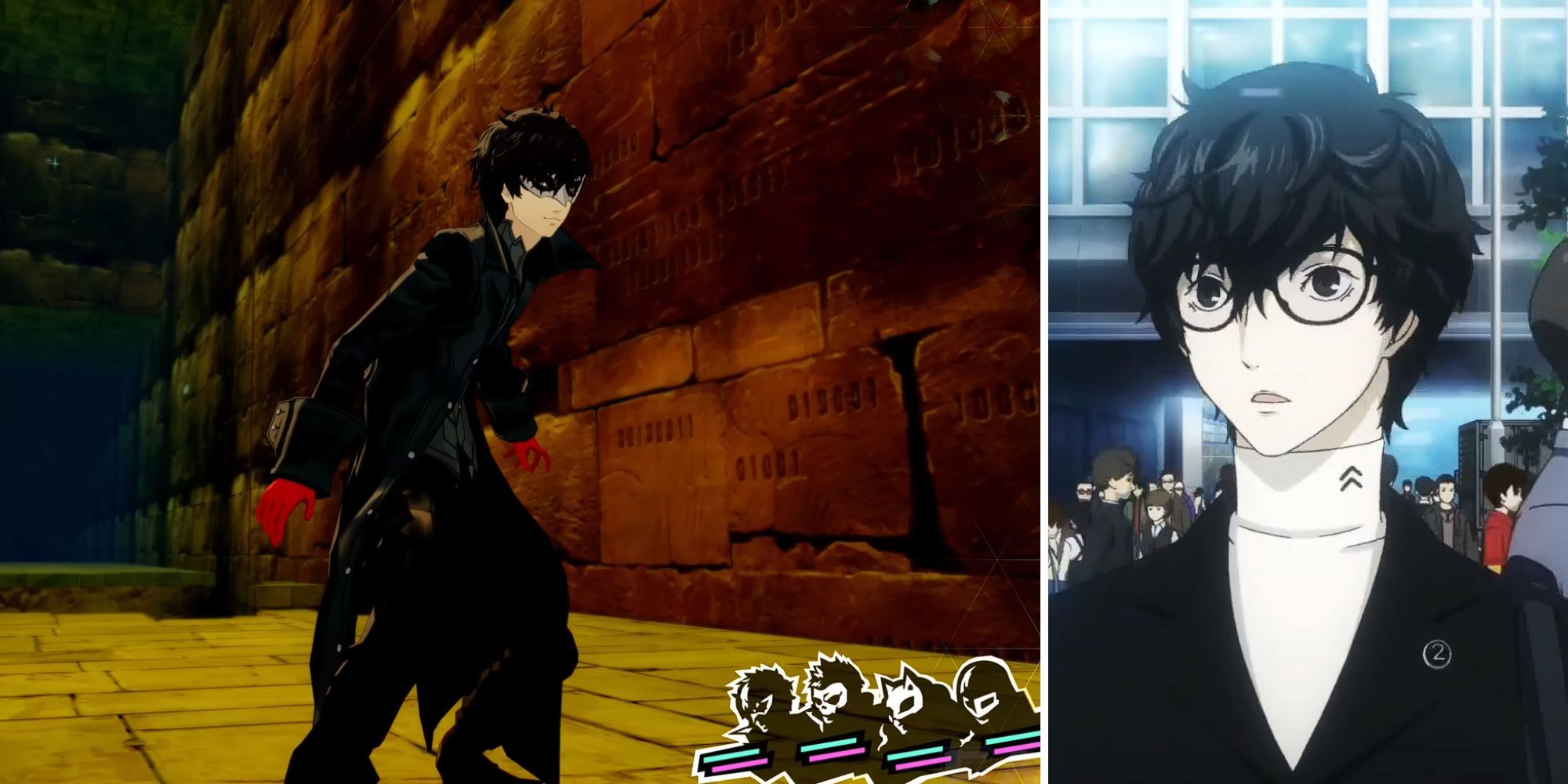 L: Ren, in Joker form, lands after ziplining in a Palace; R: Ren looks around the crowd in the Tokyo streets after having a vision