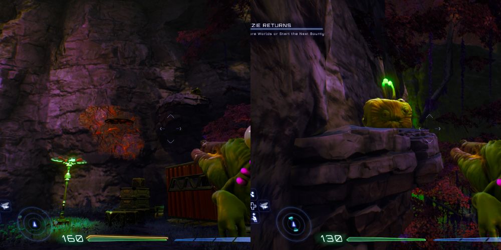 From left to right - a construction light, a few crates, and a shipping container. Above it is a red glowing segment on the wall with an outcrop to the right.