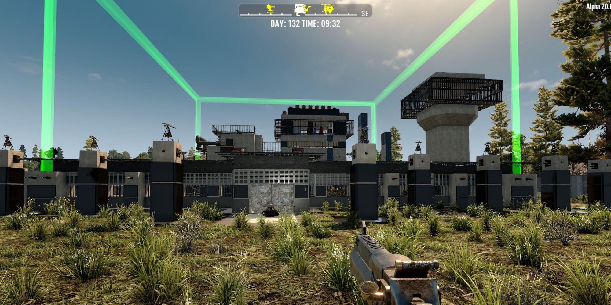 player staring at the front of a base with gun in hand