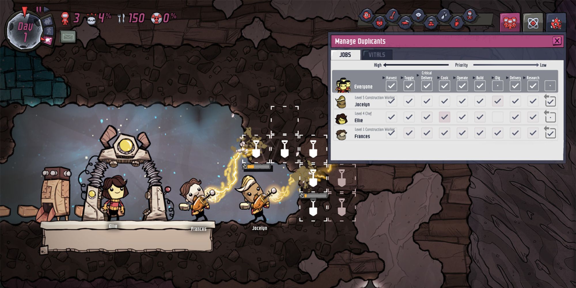 Menu for managing duplicants is open while Jocelyn, Frances, and Ellie eliminate more rocks to make room