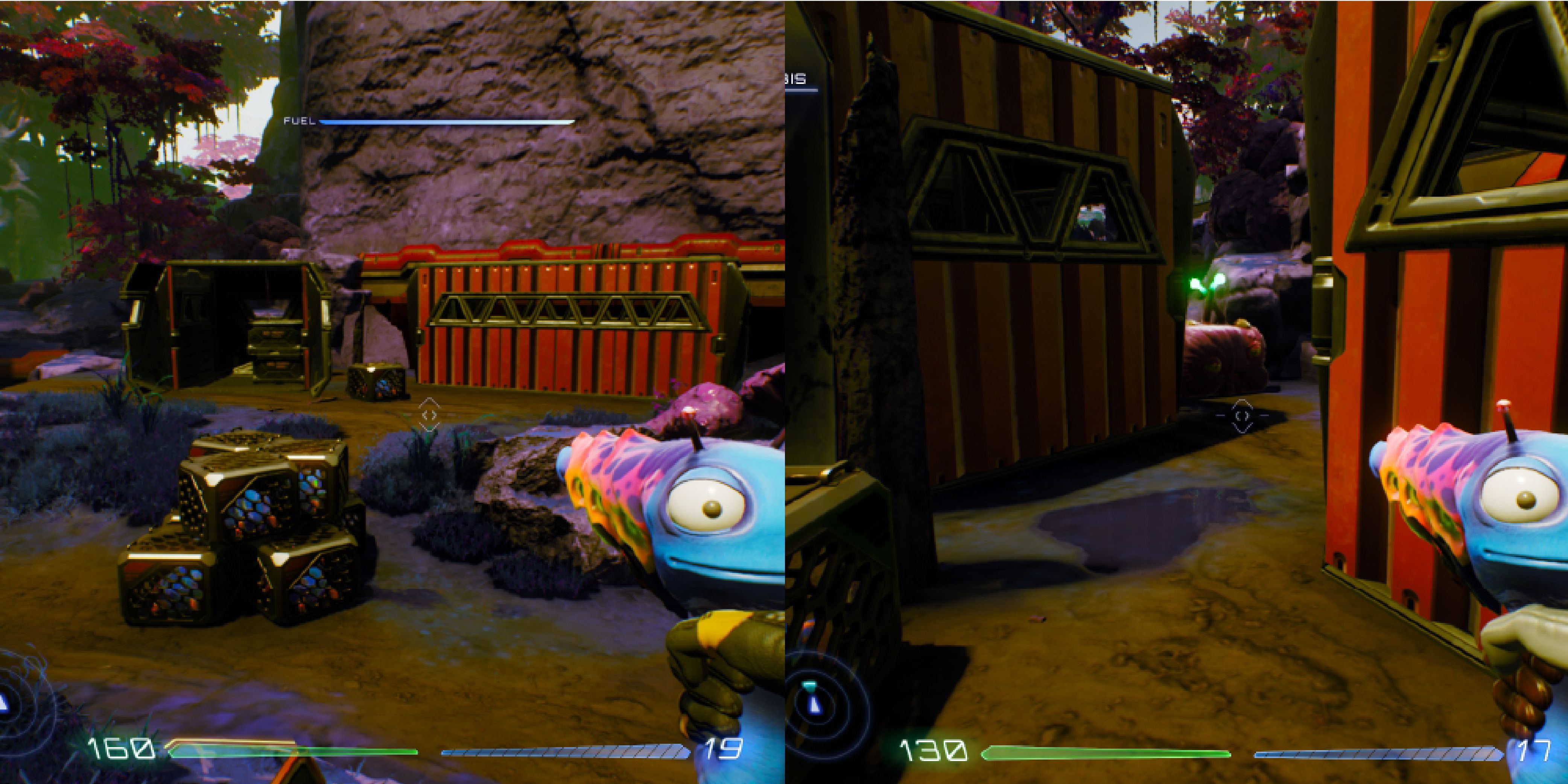 Two containers sitting close to each other creating a small gap in the middle. A Luglox behind one of the containers.