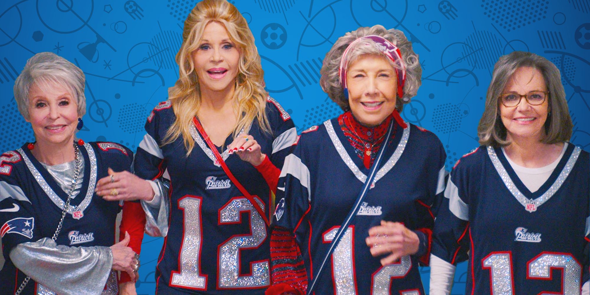 Rita Moreno, Jane Fonda, Lily Tomlin, and Sally Field in 80 for Brady with a blue background.
