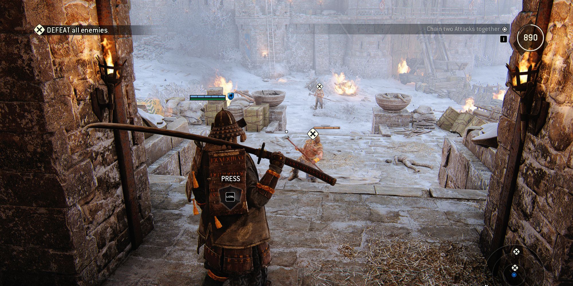 Samurai stands with sword over his shoulder while approaching two distant enemies down some stairs