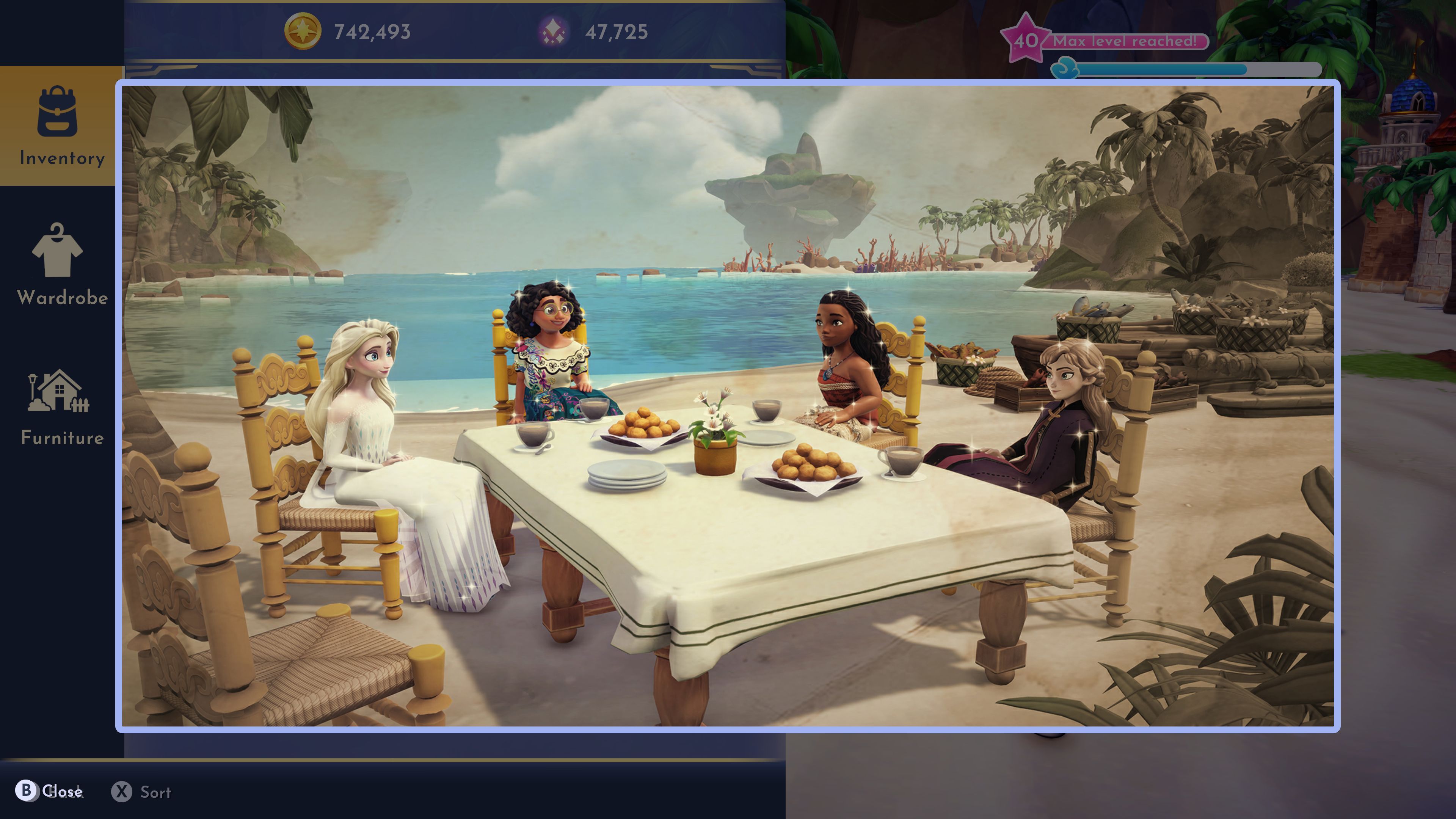 Disney Dreamlight Valley Mirabel sitting at a table with Moana, Elsa and Anna