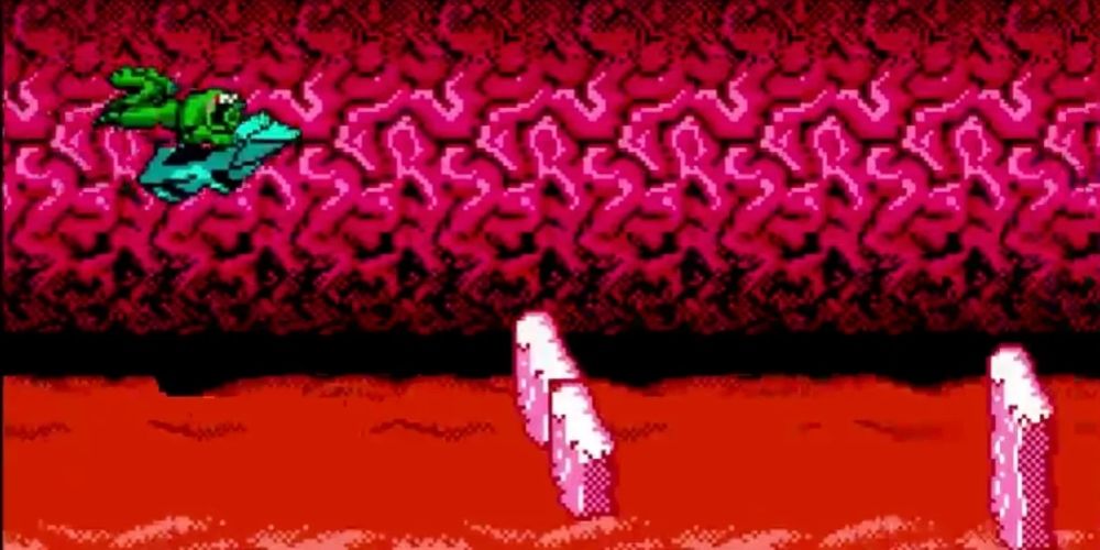 A Battletoad racing over obstacles on a ship in Battletoads