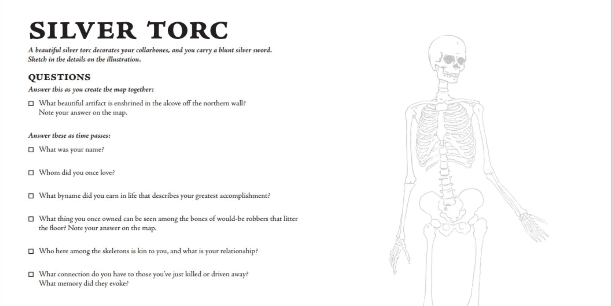 A Blank Silver Torc Character Sheet For The Skeletons