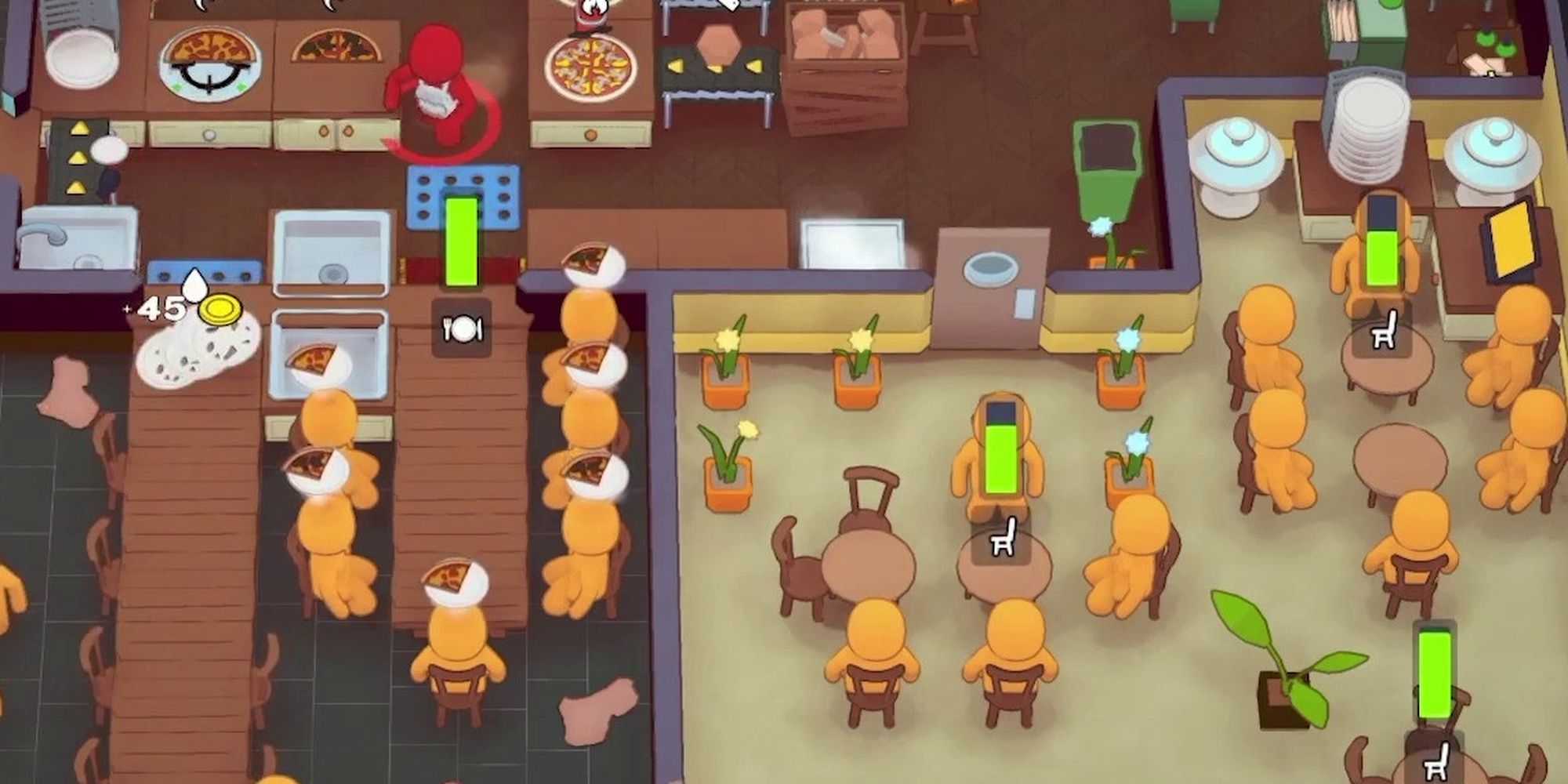 A screenshot of a busy restaurant filled with customers in PlateUp!