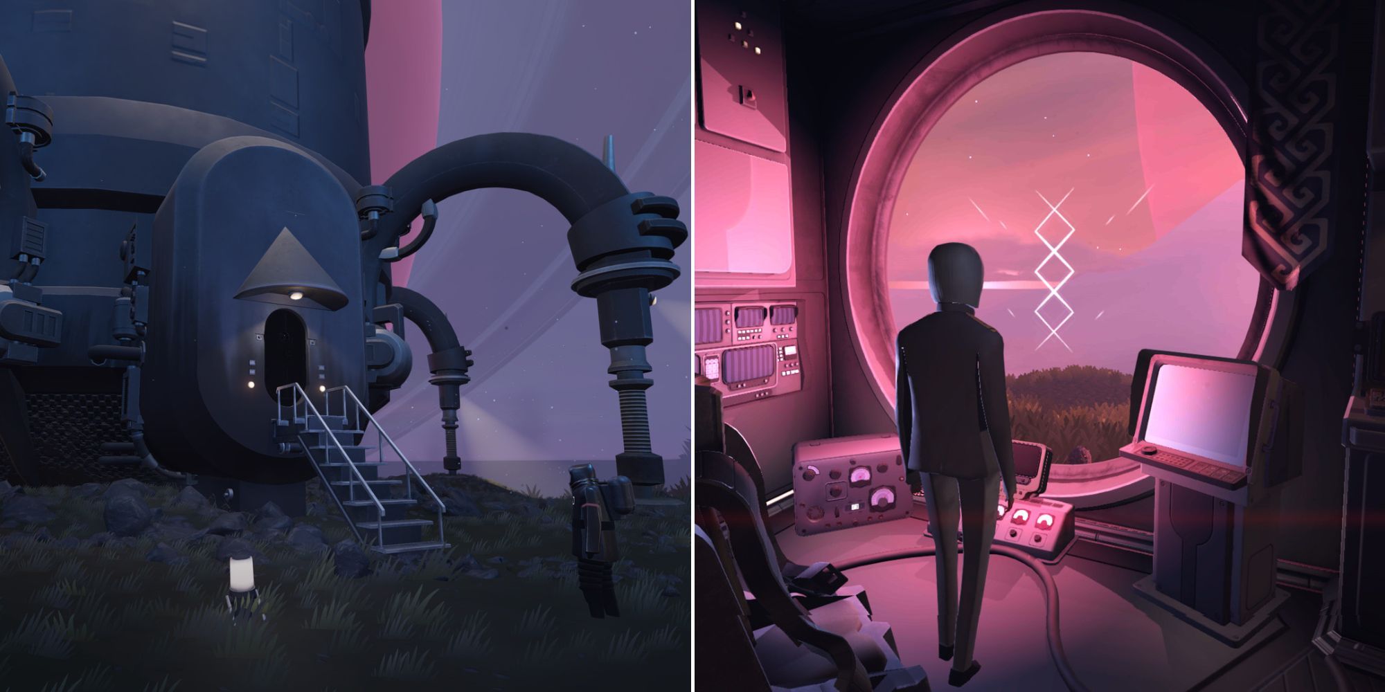 A Character Standing Near The Stairs To A Mysterious Entrance and A Character Looking Out The Cockpit Window In JETT_ The Far Shore