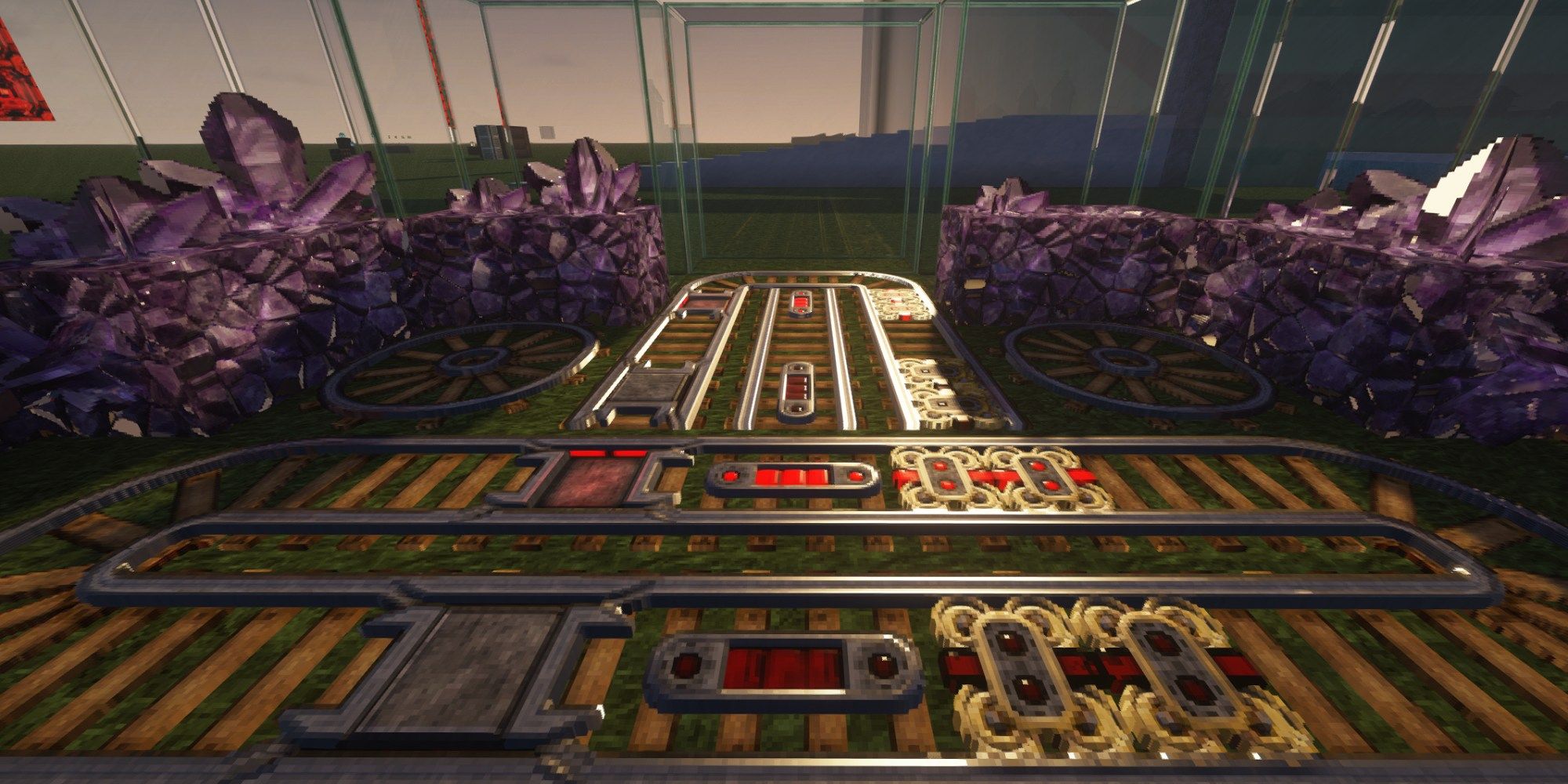 A minecart track and crystals in Minecraft using the Misa's Realistic resource pack