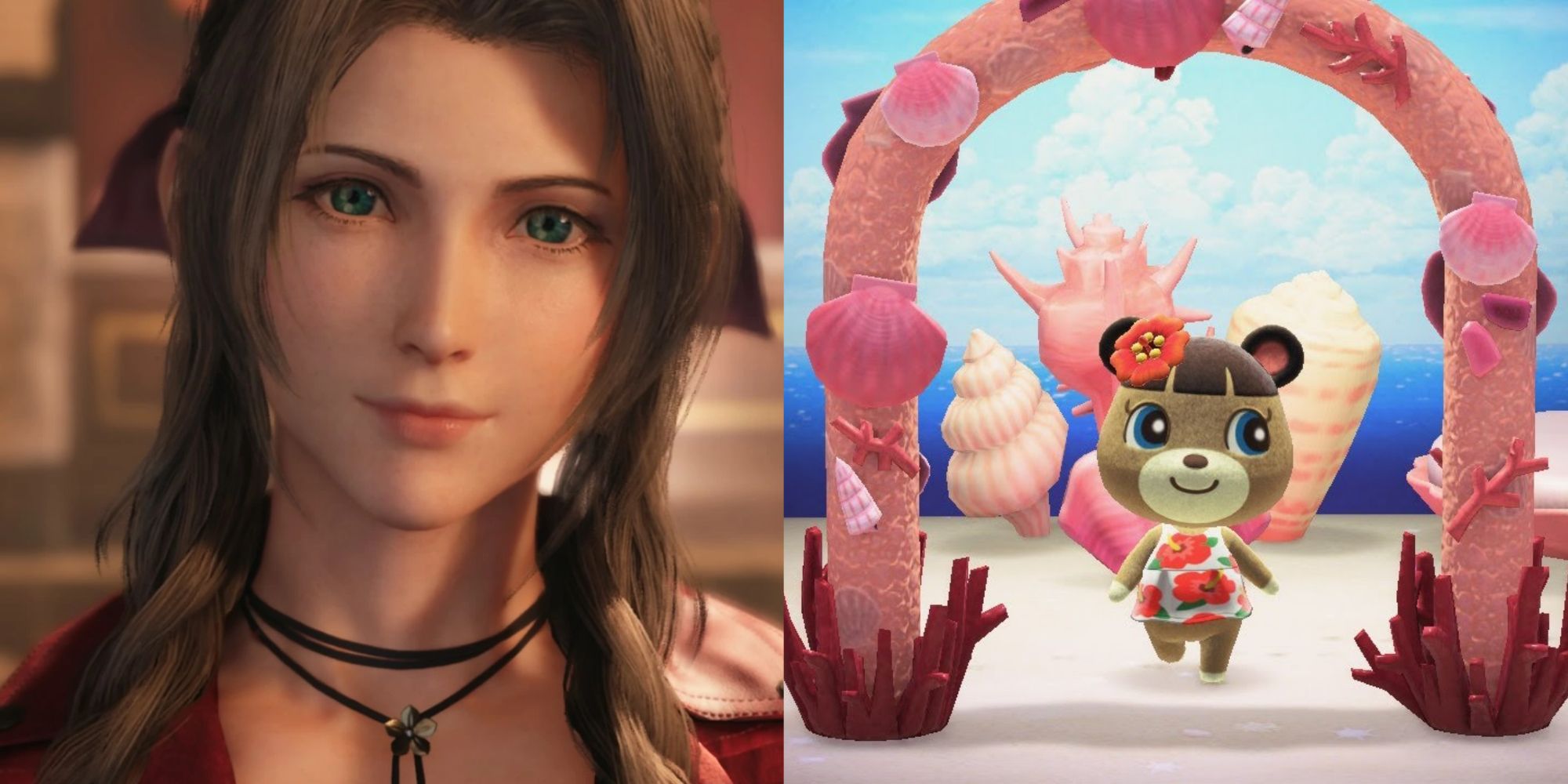 Split image screenshots of a close-up of Aerith Gainsborough in Final Fantasy 7 Remake and June walking through a shell arch in Animal Crossing: New Horizons.