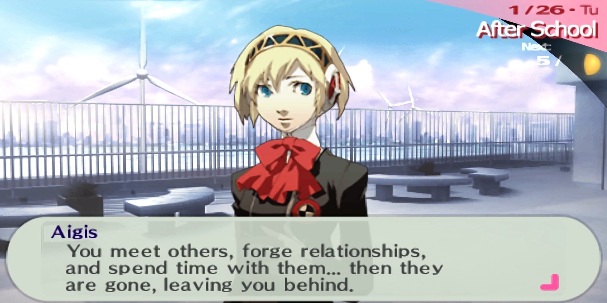 Aigis from Persona 3 Portable on Gekkoukan High School rooftop talking about friendships and the shortness of life