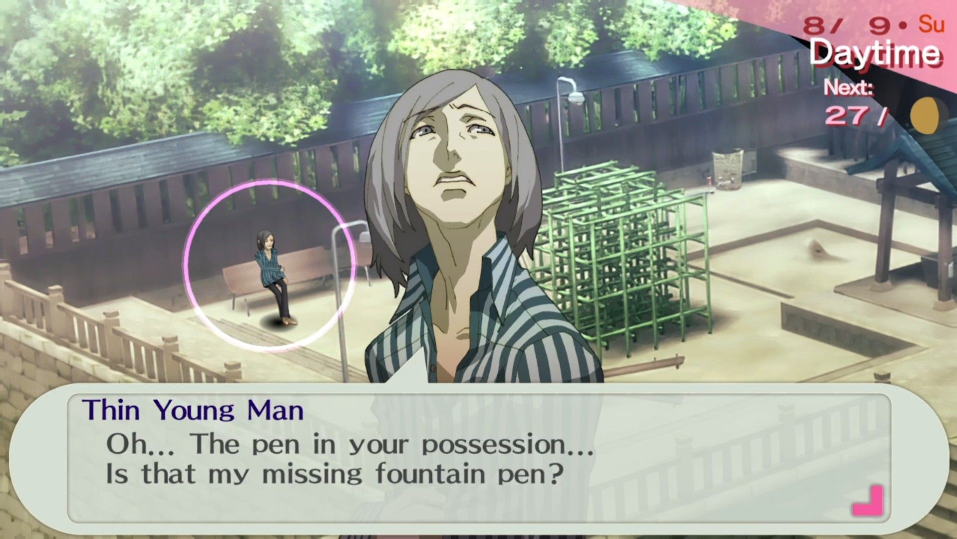 akinari asking for his pen back from the female protagonist in persona 3 portbale