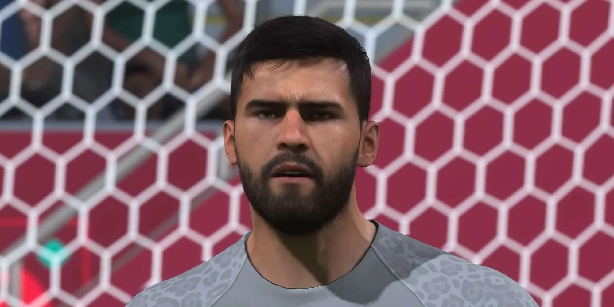 Alisson Becker wearing a gray Brazil kit during a match in FIFA 23
