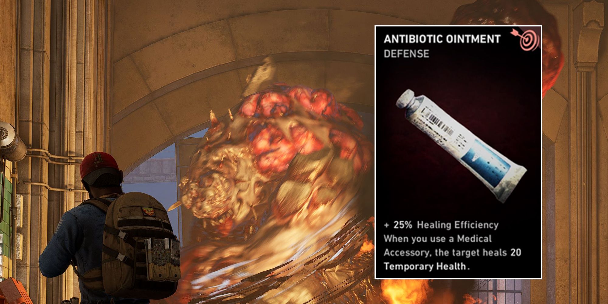 The background is an Ogre throwing something at Walker. The foreground is a screenshot of the "Antibiotic Ointment" card.