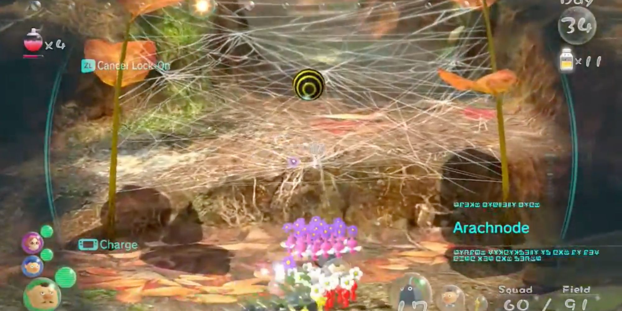 Pikmin in front of Arachnode from Pikmin 3