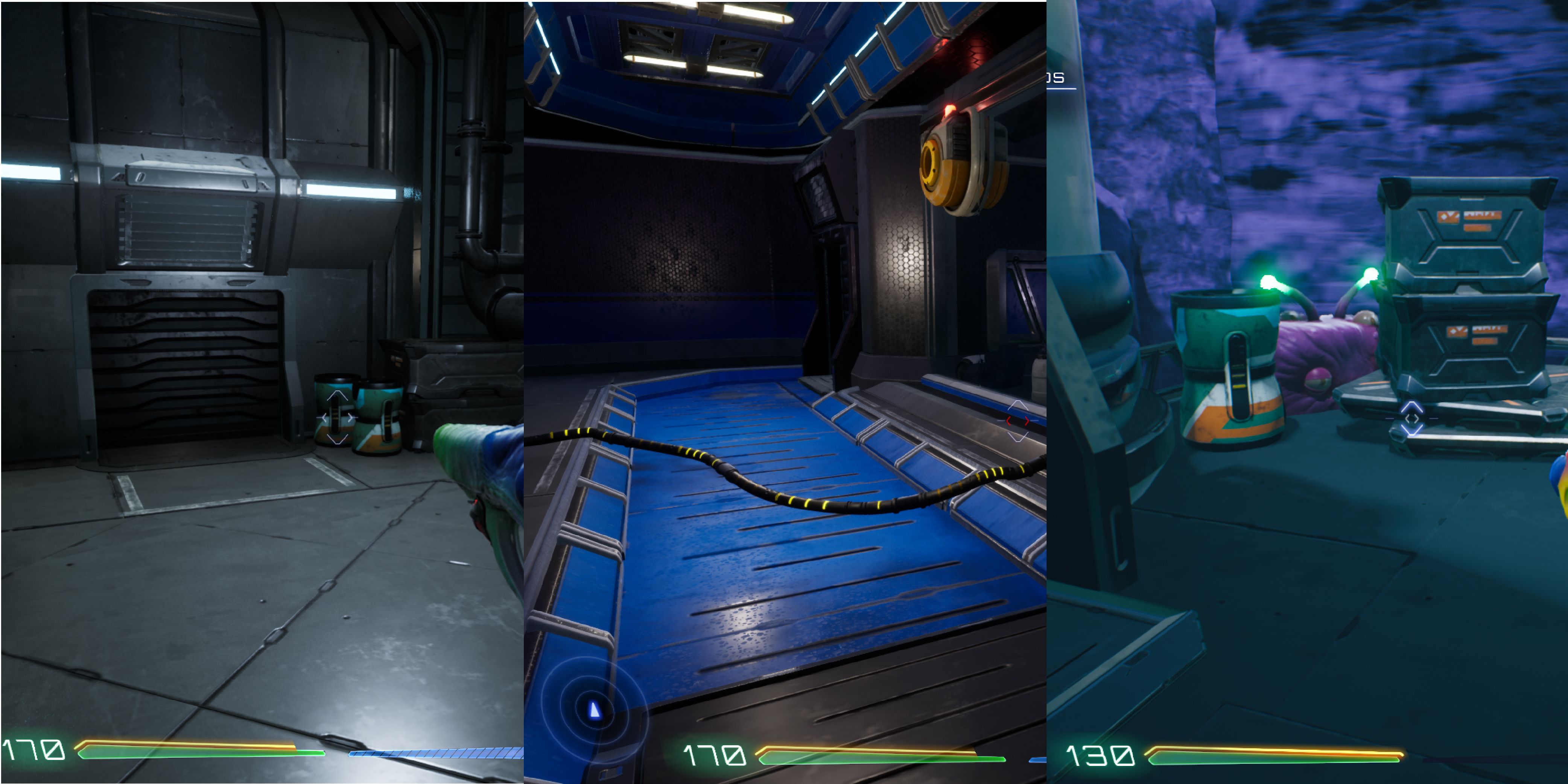 There's a door immediately to the left inside the building. A room with a blue path leading to another door. A Luglox behind a barrel and two crates.