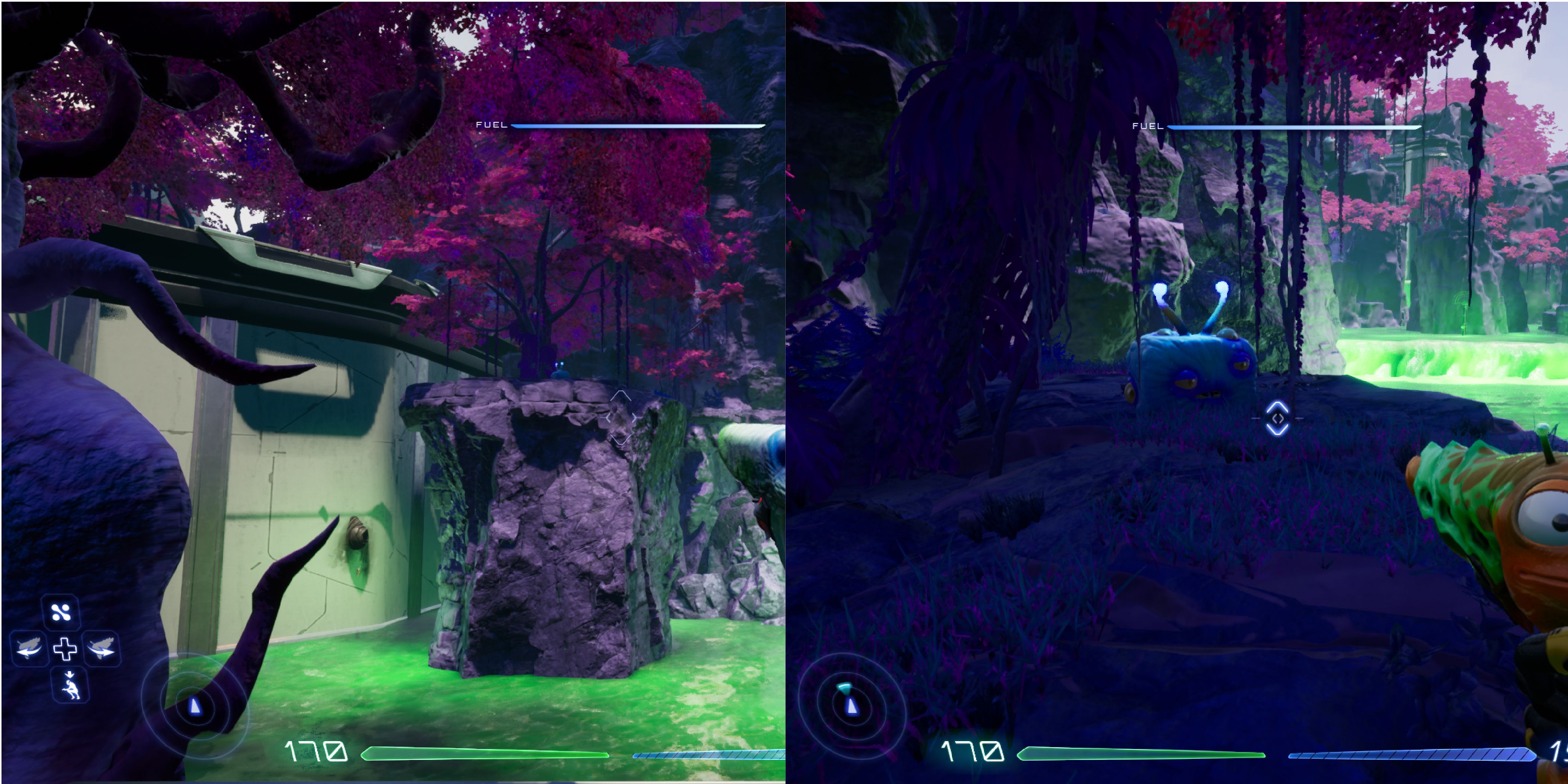 A rock column across the water next to the white wall. A Luglox sits under the tree on the column.