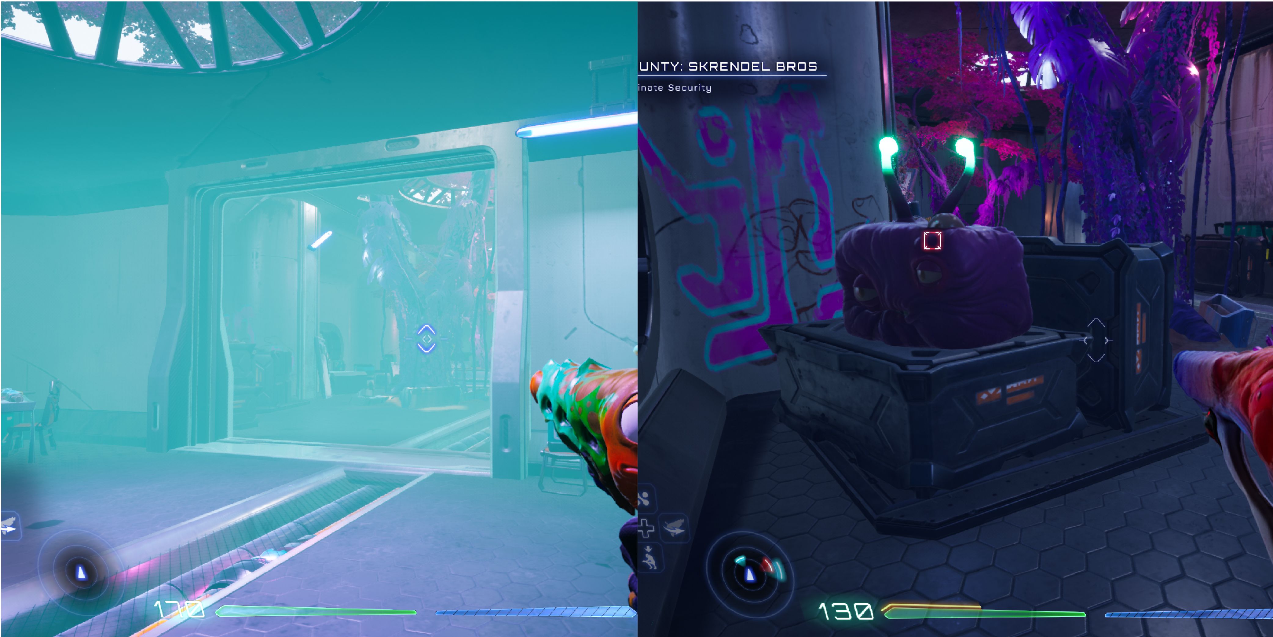 The room is filled with mist, you can almost make out the shape of a tree in the other room. A Luglox beside a wall with graffiti on it.
