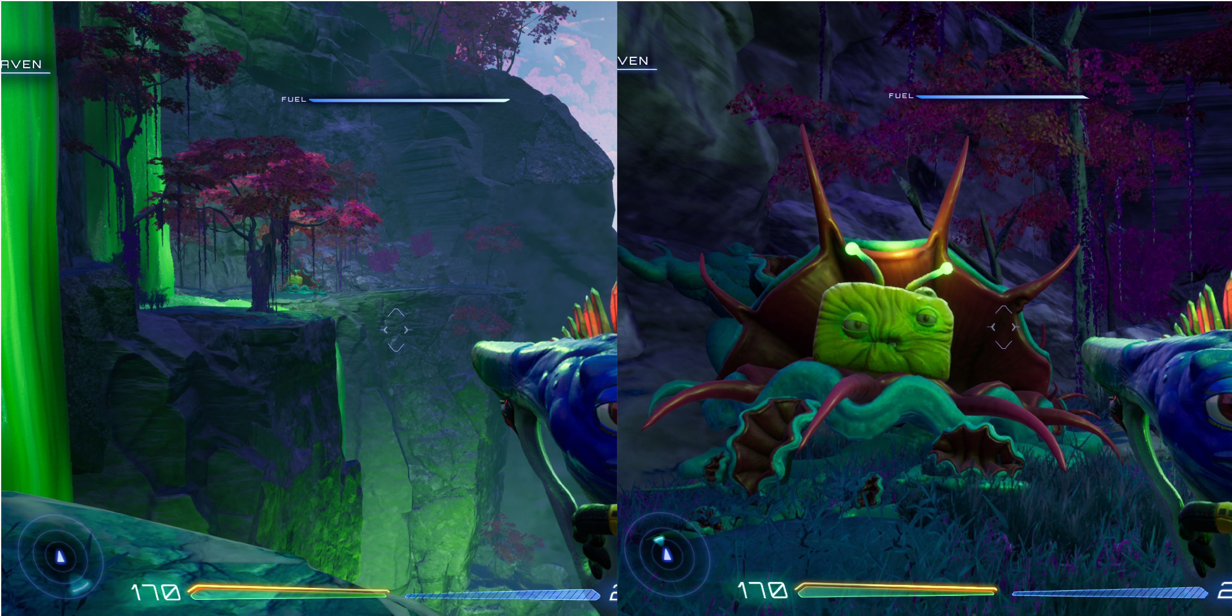 Rock columns splitting the large waterfall into three separate streams. A Luglox inside of a large fly-trap.