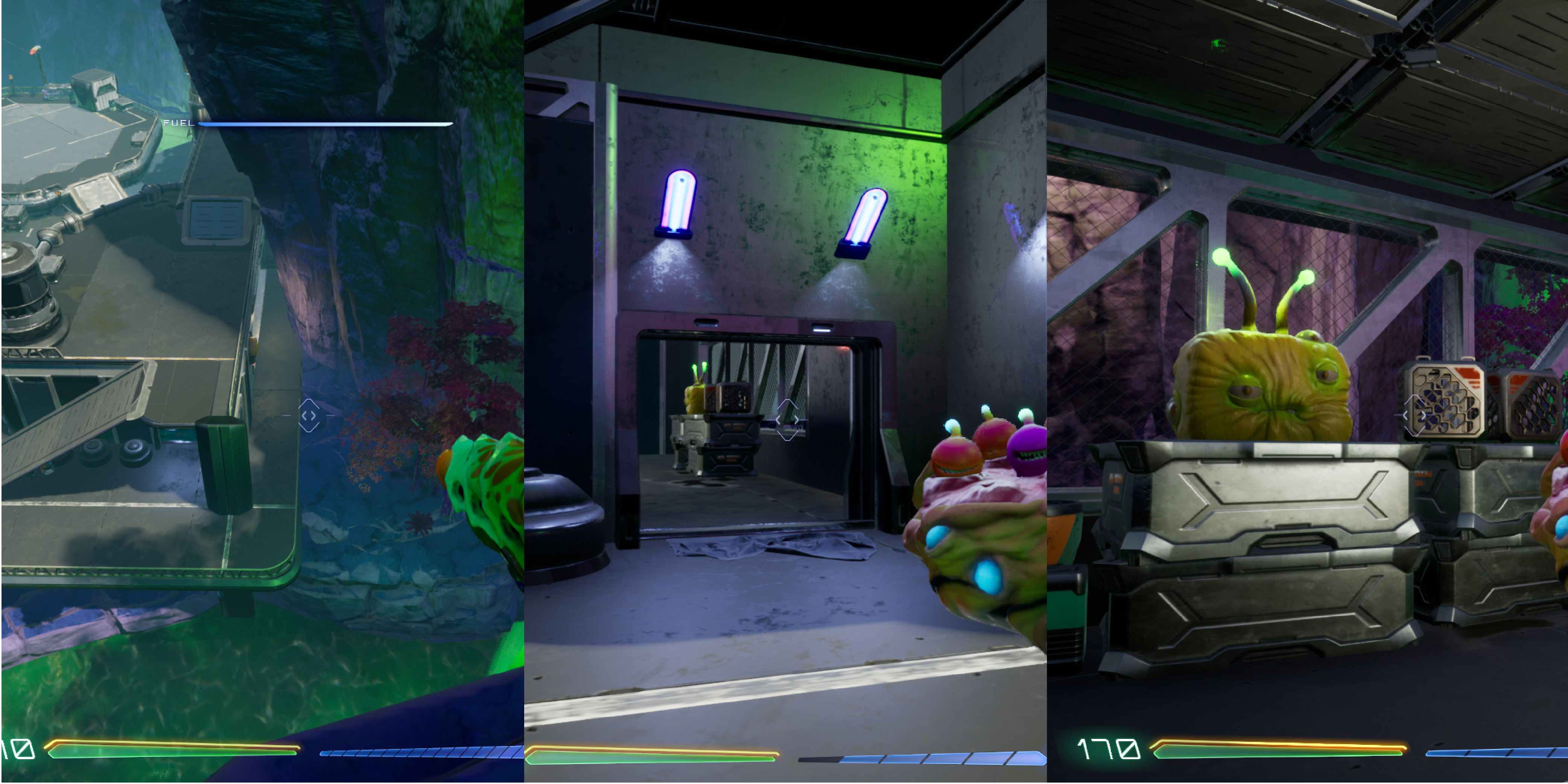 A top-down view of a building near the waterfall. An open door with two lights above its frame. A Luglox on top of a few crates.
