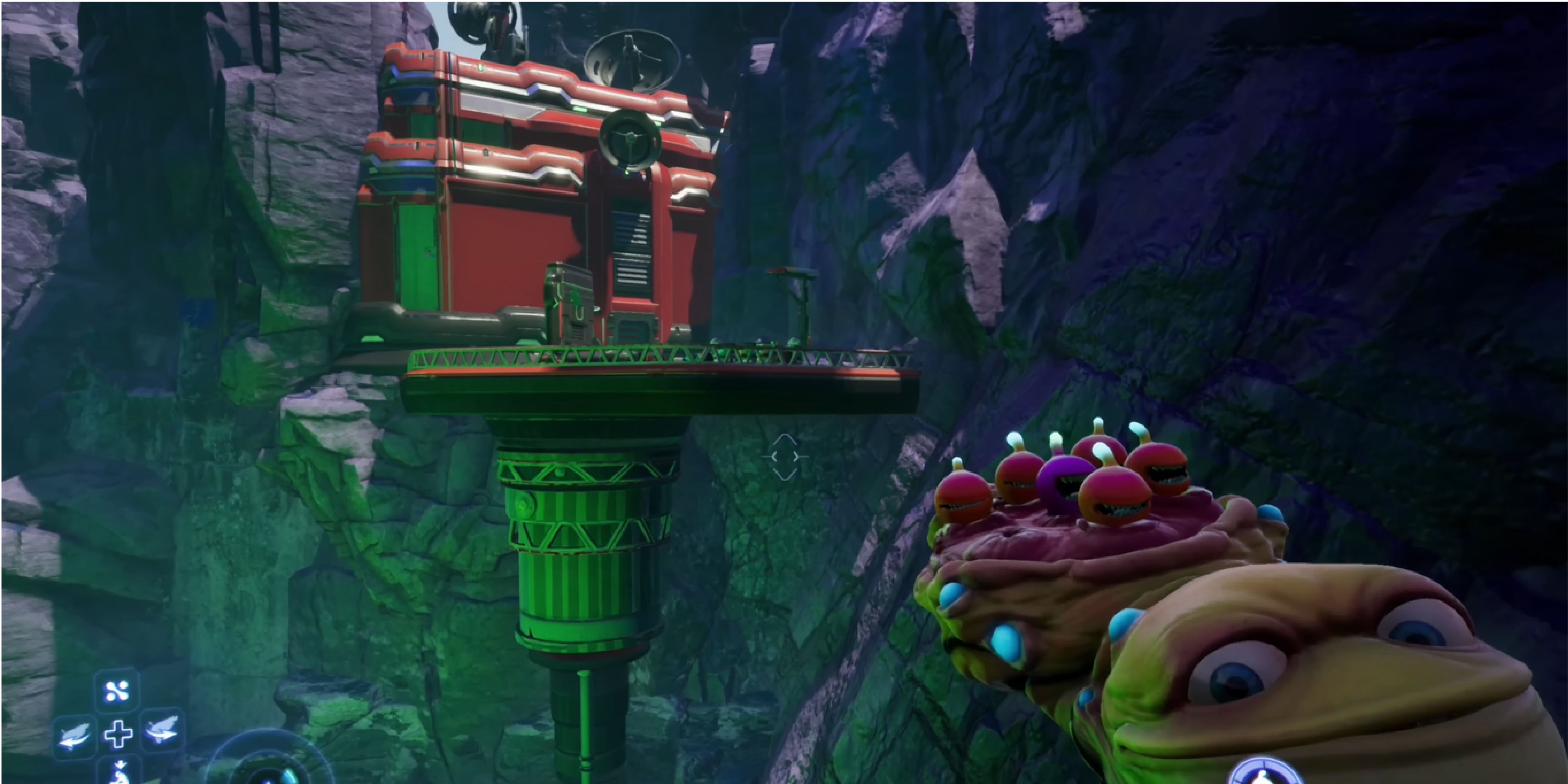 A big red building that's built into the mountain with a platform outside being supported by one large pillar. A Luglox can be found between the crates on the platform.