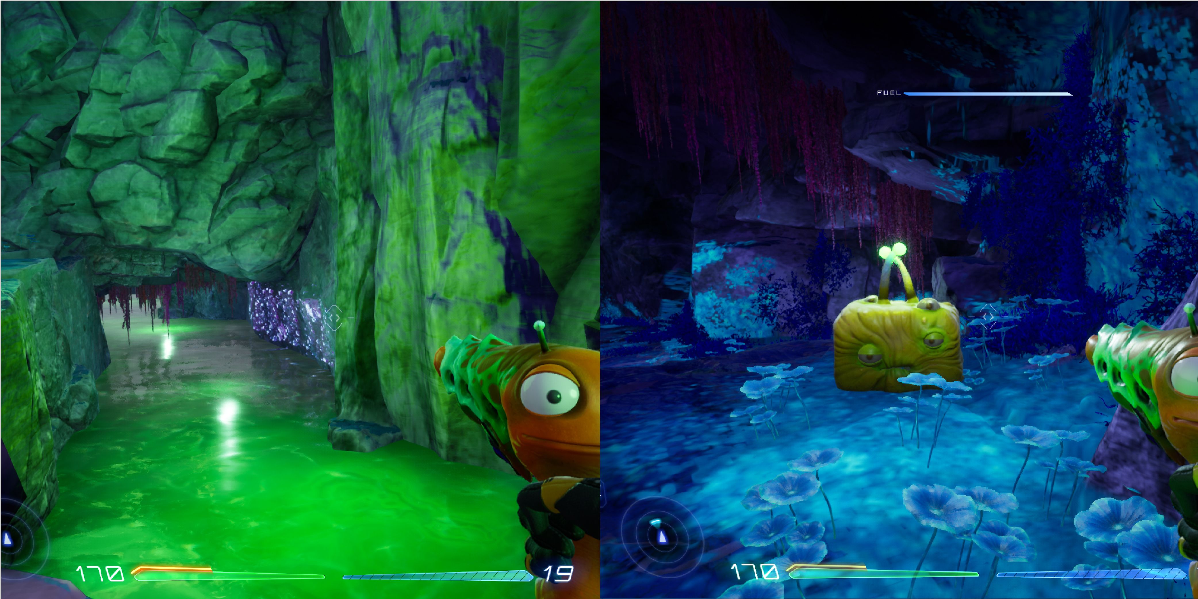 There's a cave entrance that's almost too low to hover through, hanging over the water. A Luglox surrounded by blue moss and flowers.