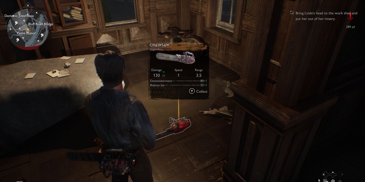 Ash collecting a legendary chainsaw in a house in Evil Dead The Game