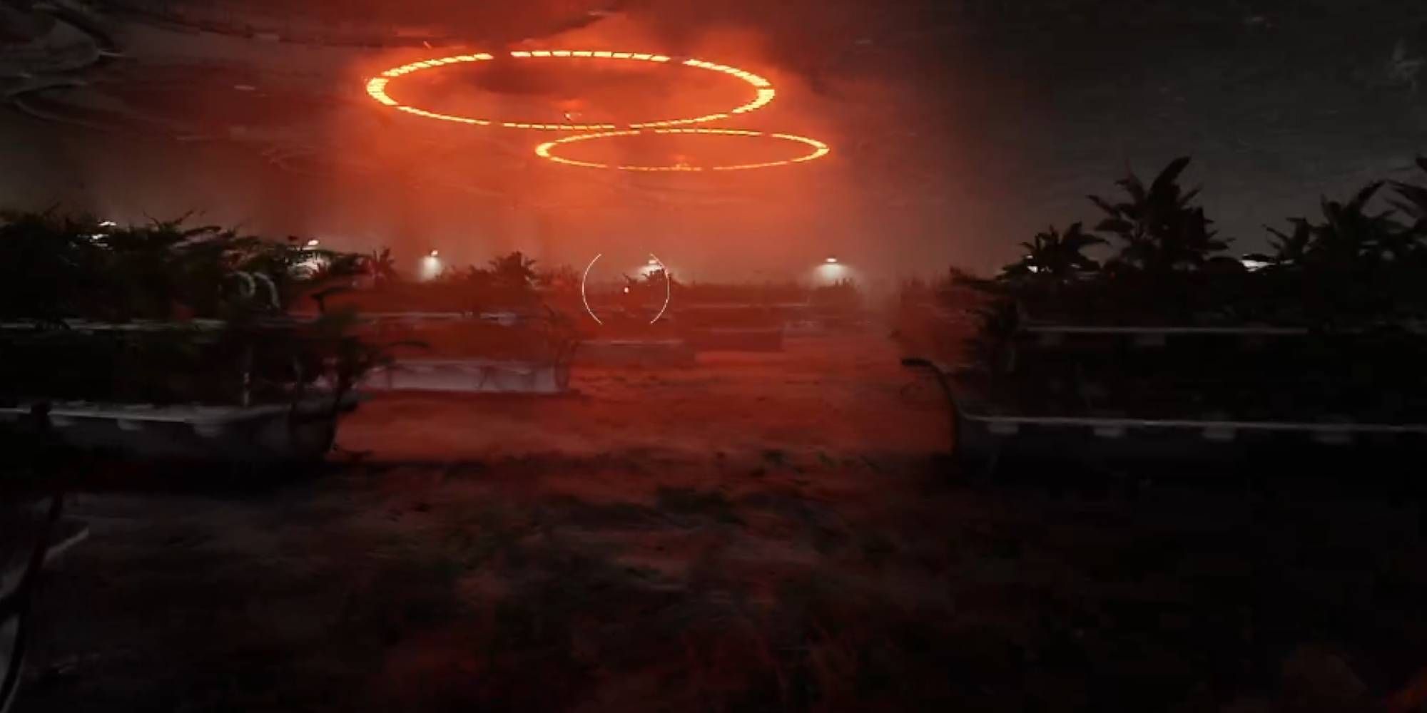 A room with red lights and plants in Atomic Heart 