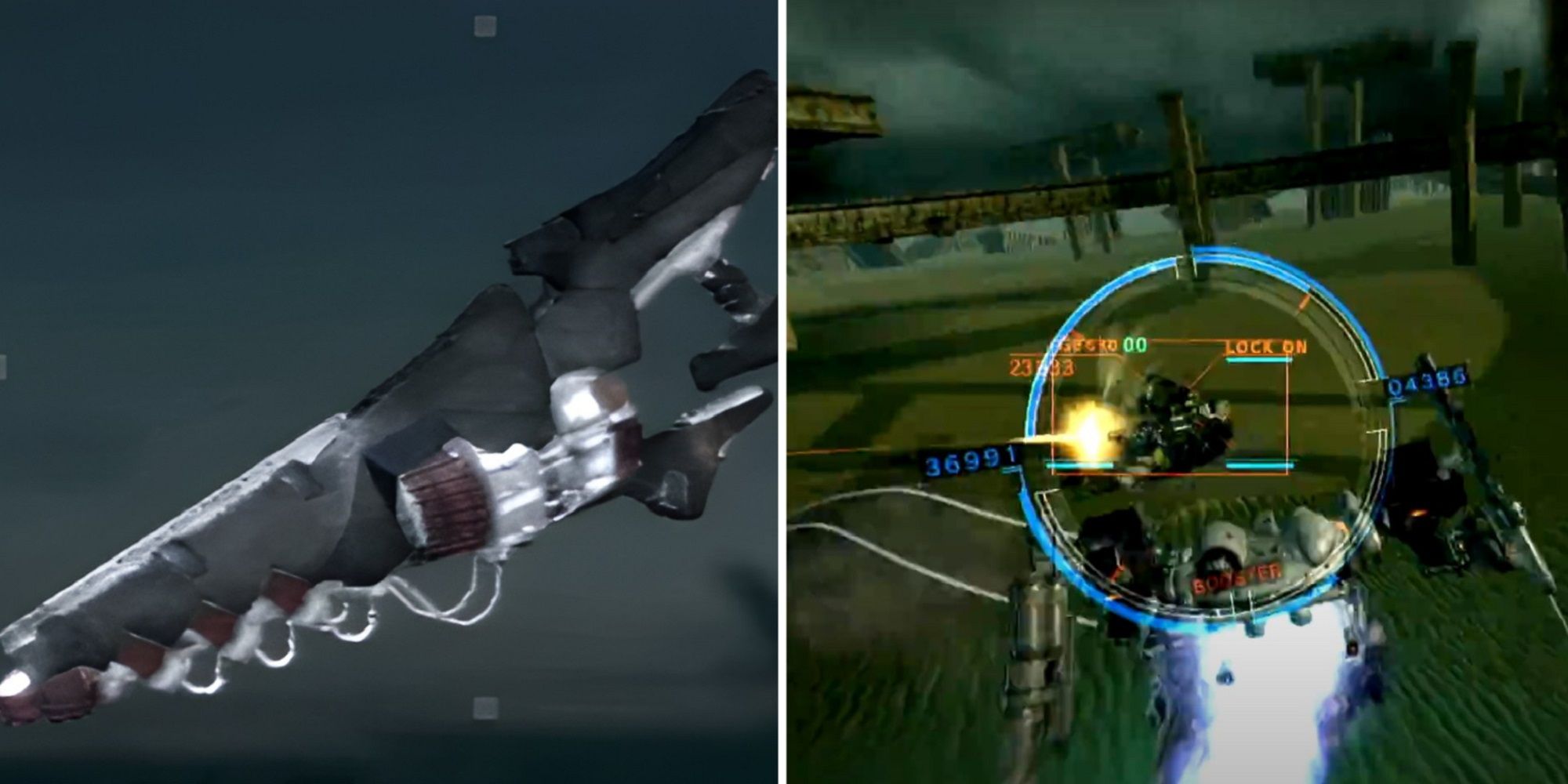 Woodsaw Shaped Laser Rifle With White Wires And AC Fighting Another AC While Boosting In The Air
