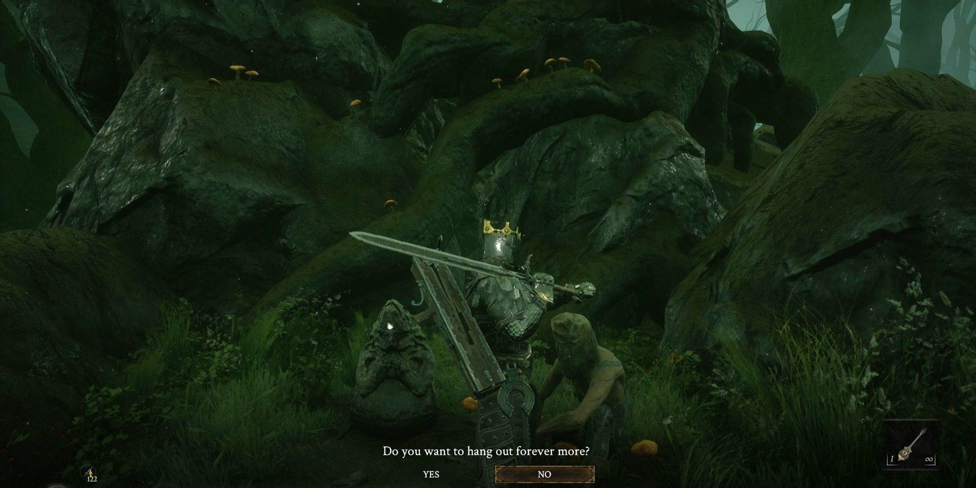 Bag Head sits near the base of a tree asking the foundling if he wants to be friends forever - Mortal Shell
