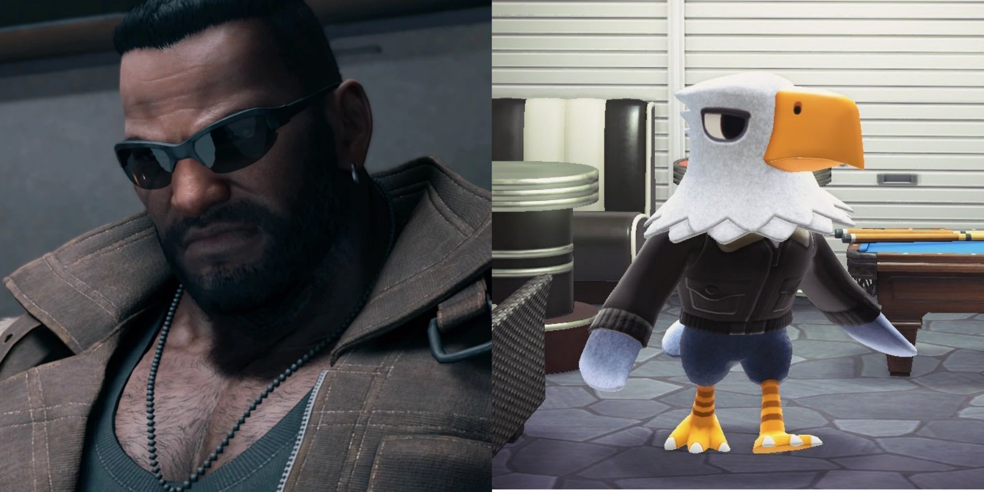 Split image screenshots of a close-up of Barret Wallace in Final Fantasy 7 Remake and Apollo in his house in Animal Crossing: New Horizons.