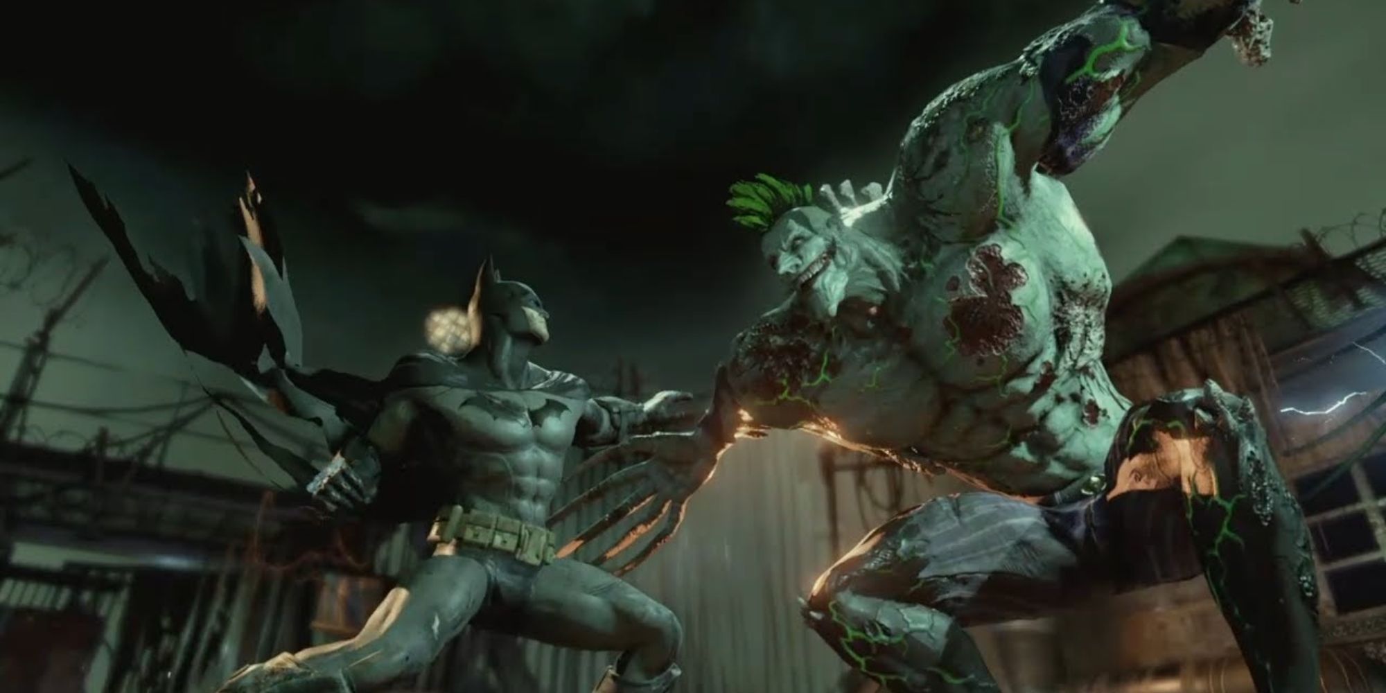 batman arkham asylum venom enhanced joker facing off against batman on dark roof