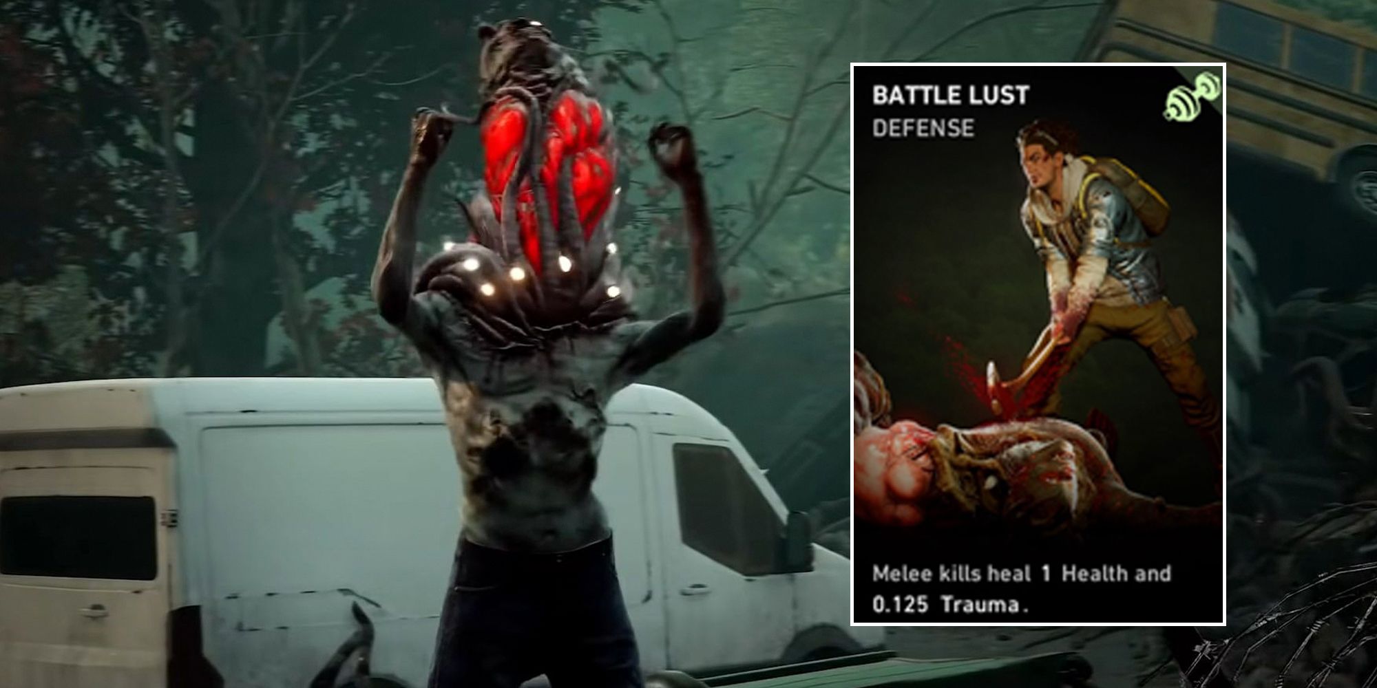 The background is a Ridden standing with its fists in the air. The foreground is a screenshot of the "Battle Lust" card.