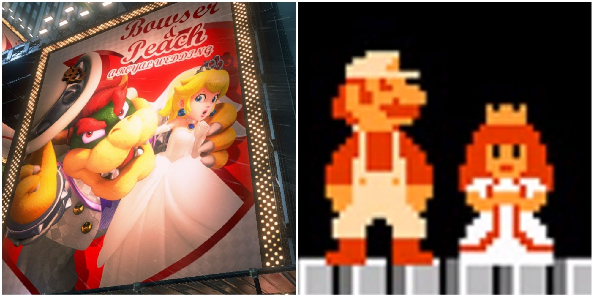 Billboard of Bowser and Peach getting married in Mario Odyessy and Mario and Peach in the original Super Mario Bros