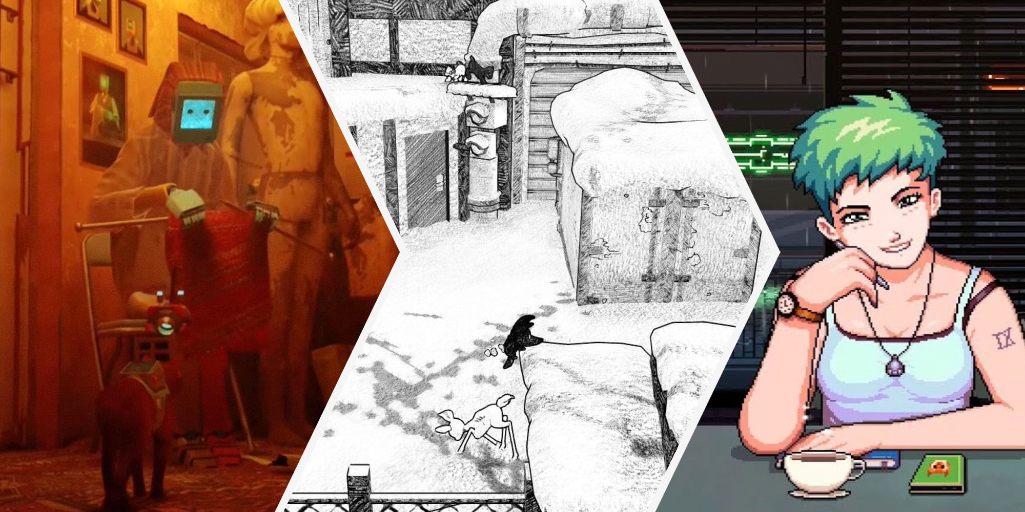 Split image of three photos. The left is the cat from Stray speaking to the Grandma robot. The middle is a screencap from Blanc of the characters solving a puzzle. The right image is Freya from Coffee Time talking to the protagonist.