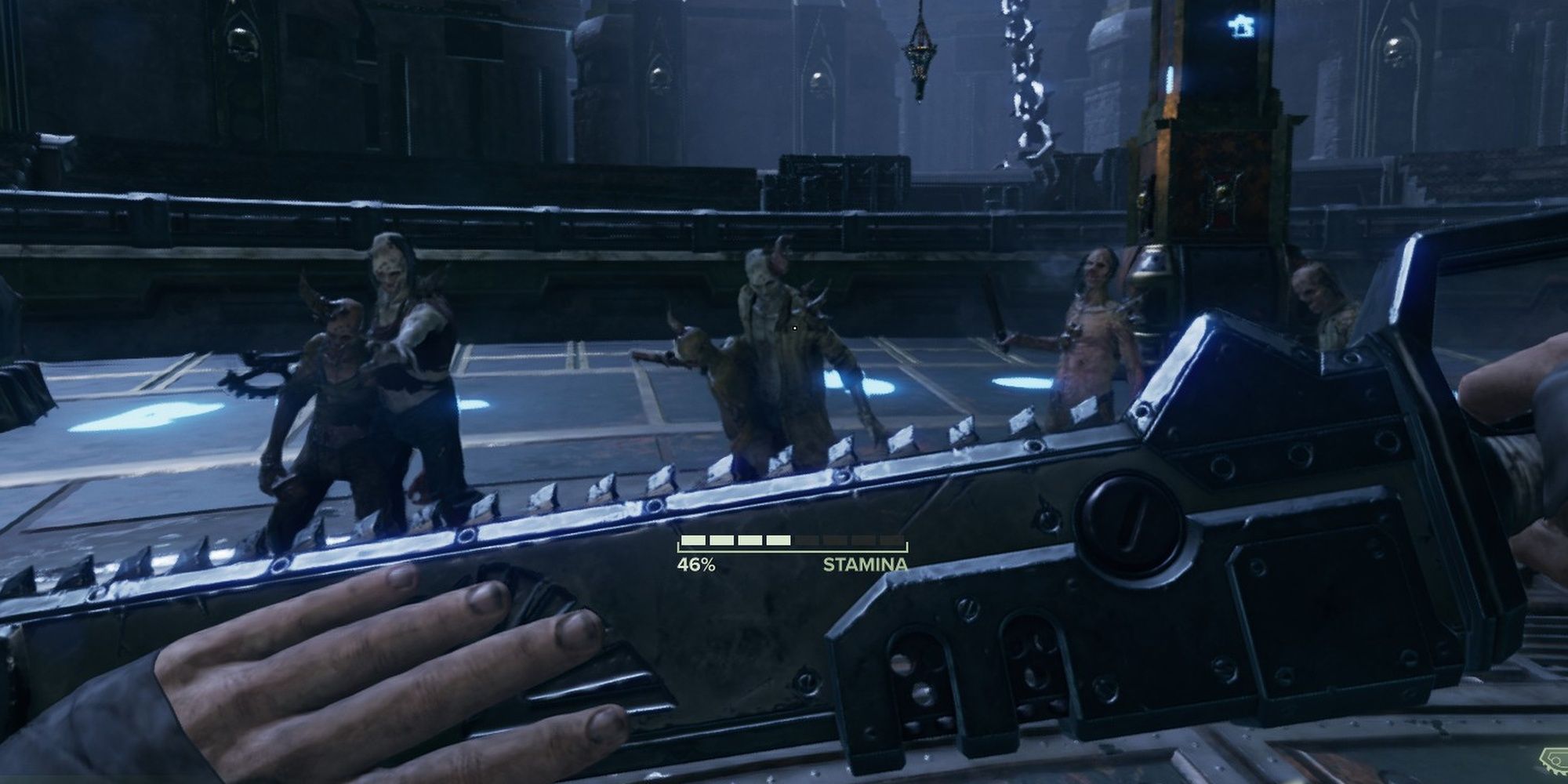 Screenshot of a character blocking with the stamina bar in focus in Darktide