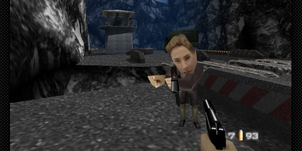 Bond fighting enemies in DK mode in Dam level of Goldeneye