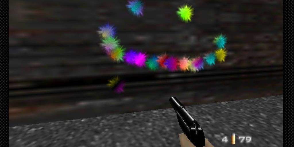 Bond painting smiley face with paintball mode in Dam level of Goldeneye