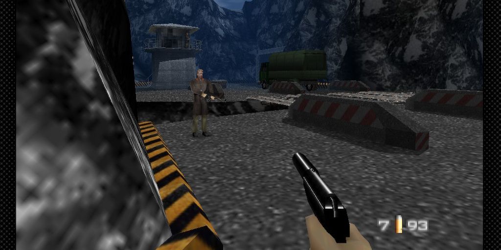 Bond using invisibility cheat in Dam level of Goldeneye
