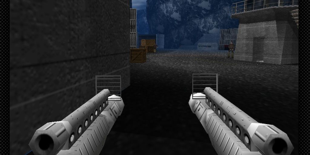 Bond wielding twin Moonraker lasers in Dam level of Goldeneye