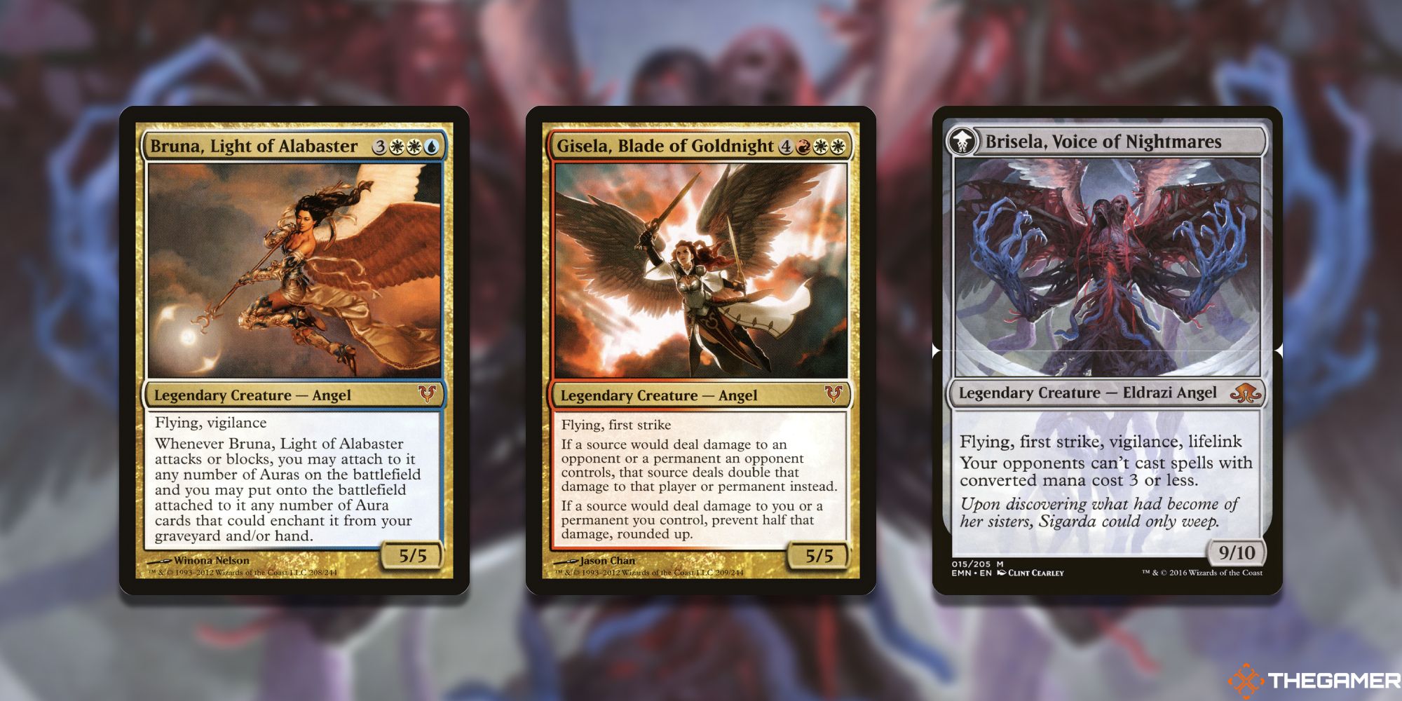 Three Magic: The Gathering cards depicting or referencing Bruna and Gisela.