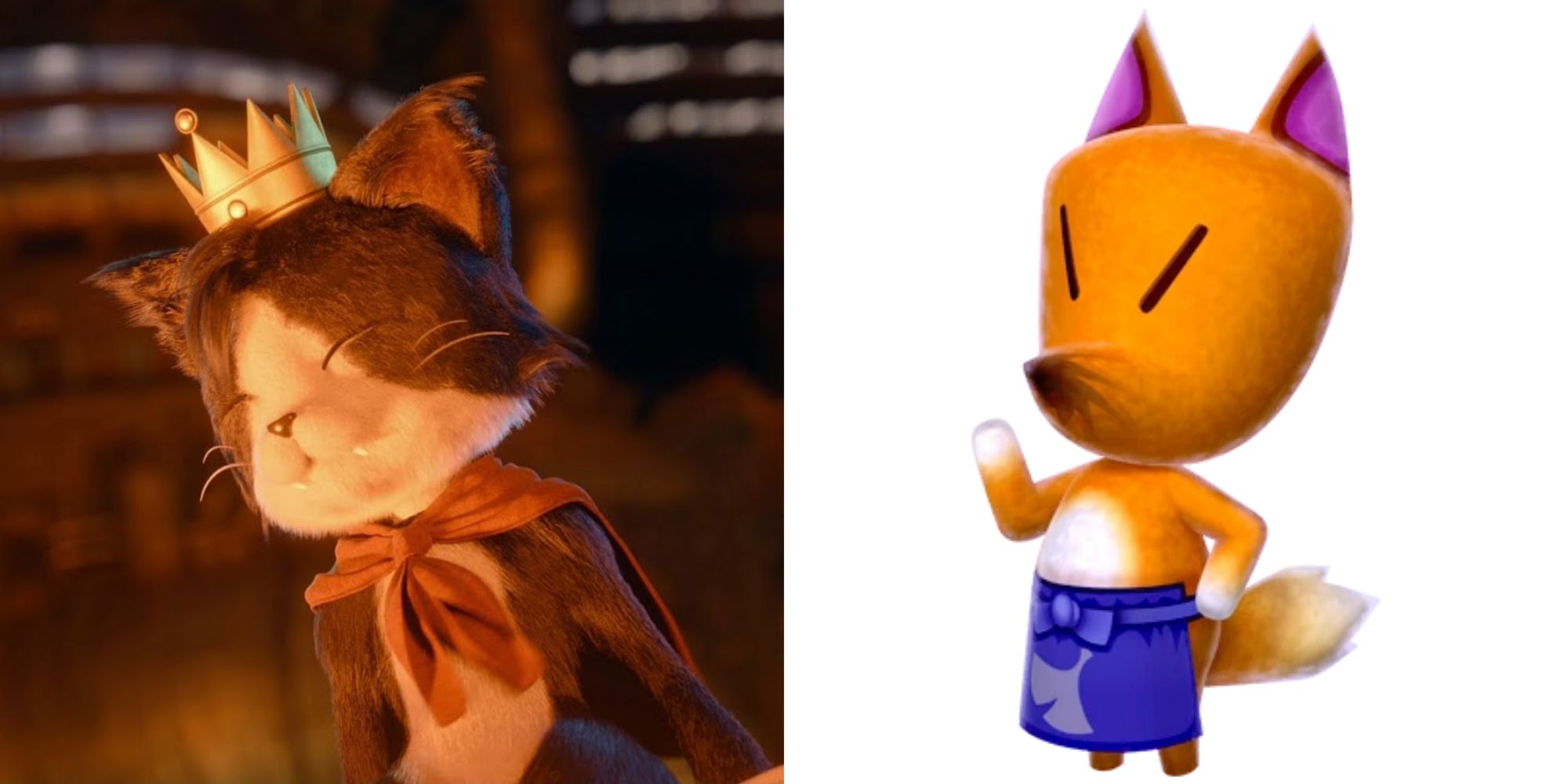 Split image screenshots of a close-up of Cait Sith and Redd from Animal Crossing.