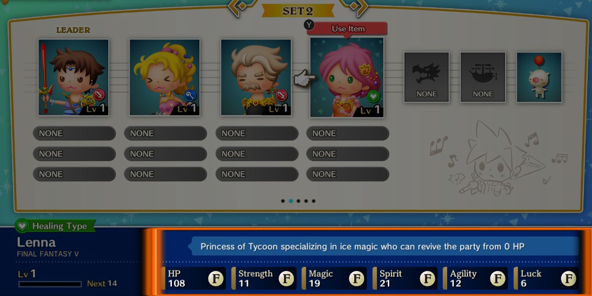 A highlighted section from the Edit Party menu showcases Lenna's stats in Theatrhythm: Final Bar Line.