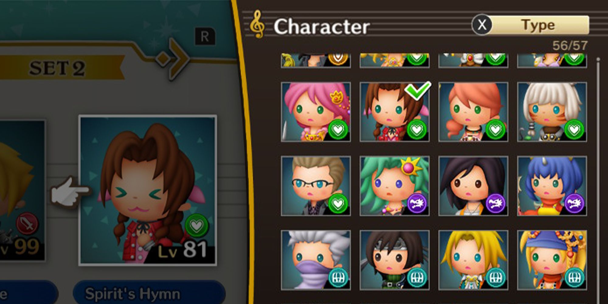 A close-up view of Theatrhythm: Final Bar Line's characters sorted by character type.