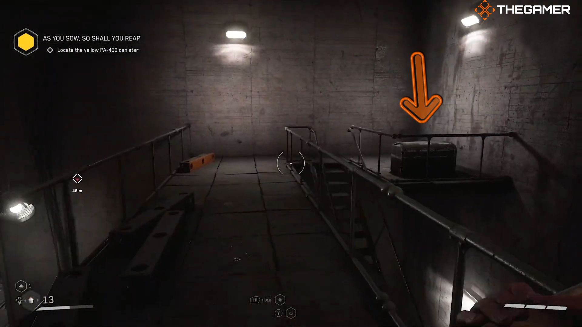 Chirper Number 20 in a chest along a balcony walkway